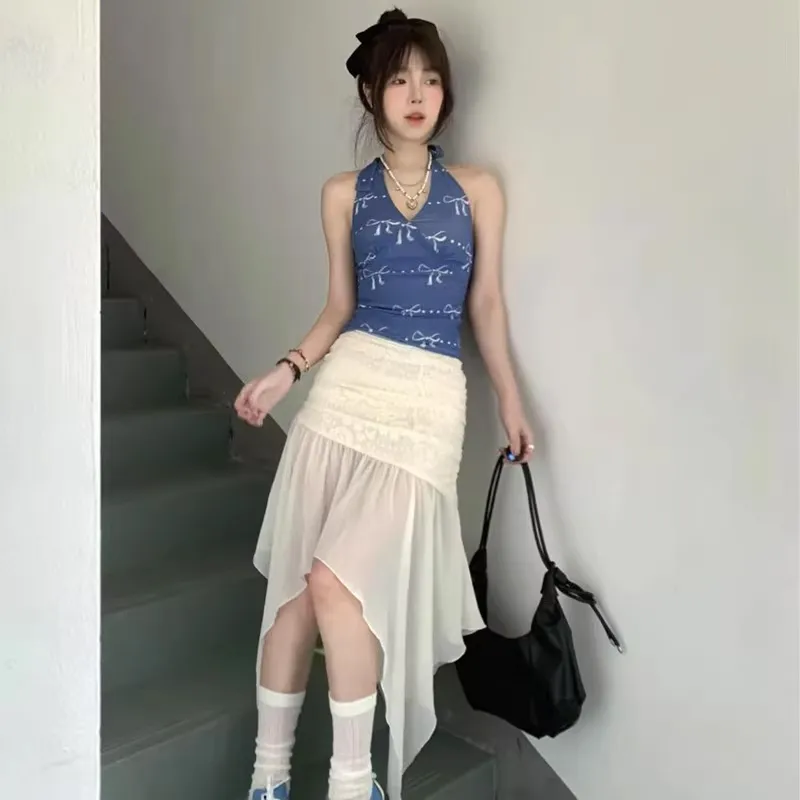 ZVJH Skirt Set Women's Blue Top/White Skirt-4