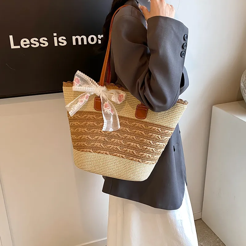 Iman's House Straw Woven Shoulder Bag Women's Wide Stripe Ecru/Lacy Khaki/Cut Out Ecru/Stripes Brown/Wide Stripe Khaki-1