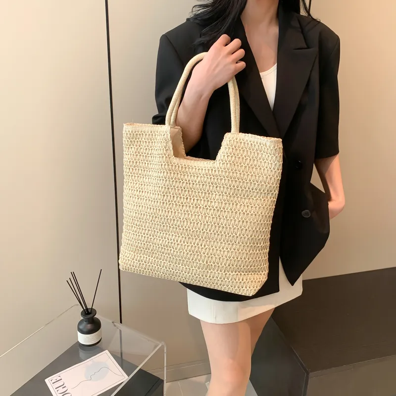 Iman's House Woven Tote Portable Commute Shoulder Bag Women's Ecru/Khaki-3