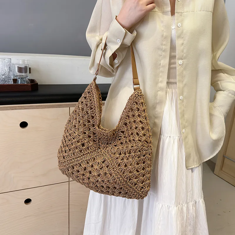 Iman's House Straw Woven Shoulder Bag Women's Ecru/Khaki-8