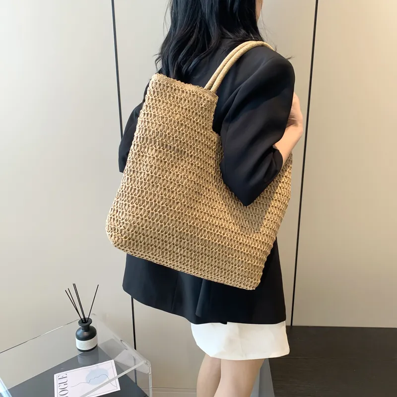 Iman's House Woven Tote Portable Commute Shoulder Bag Women's Ecru/Khaki-7