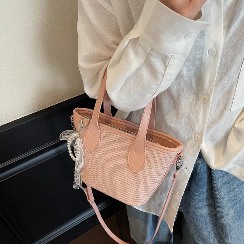 Iman's House Straw Woven Handbag Women's Khaki/Pink/Blue/Black-9