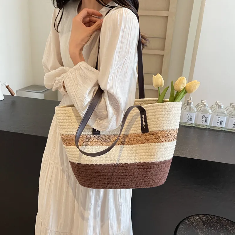 Iman's House Straw Woven Shoulder Bag Unisex Khaki/Coffee/Black-8
