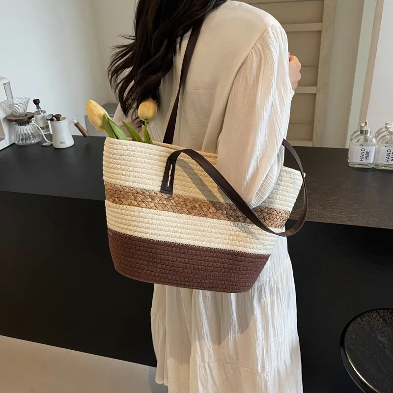 Iman's House Straw Woven Shoulder Bag Unisex Khaki/Coffee/Black-9