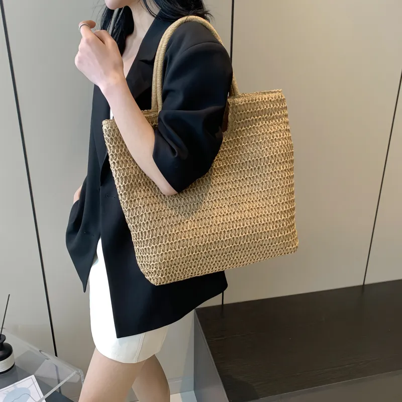 Iman's House Woven Tote Portable Commute Shoulder Bag Women's Ecru/Khaki-8