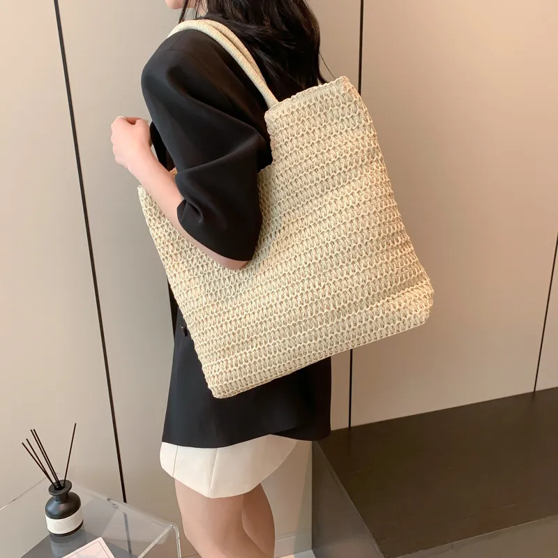 Iman's House Woven Tote Portable Commute Shoulder Bag Women's Ecru/Khaki-2