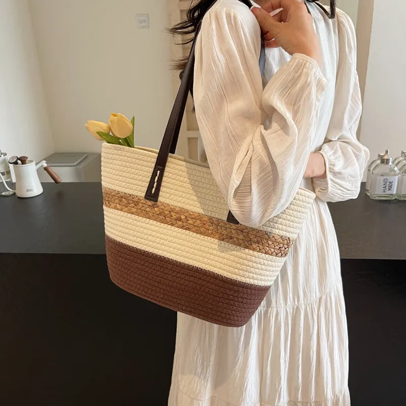 Iman's House Straw Woven Shoulder Bag Unisex Khaki/Coffee/Black-7