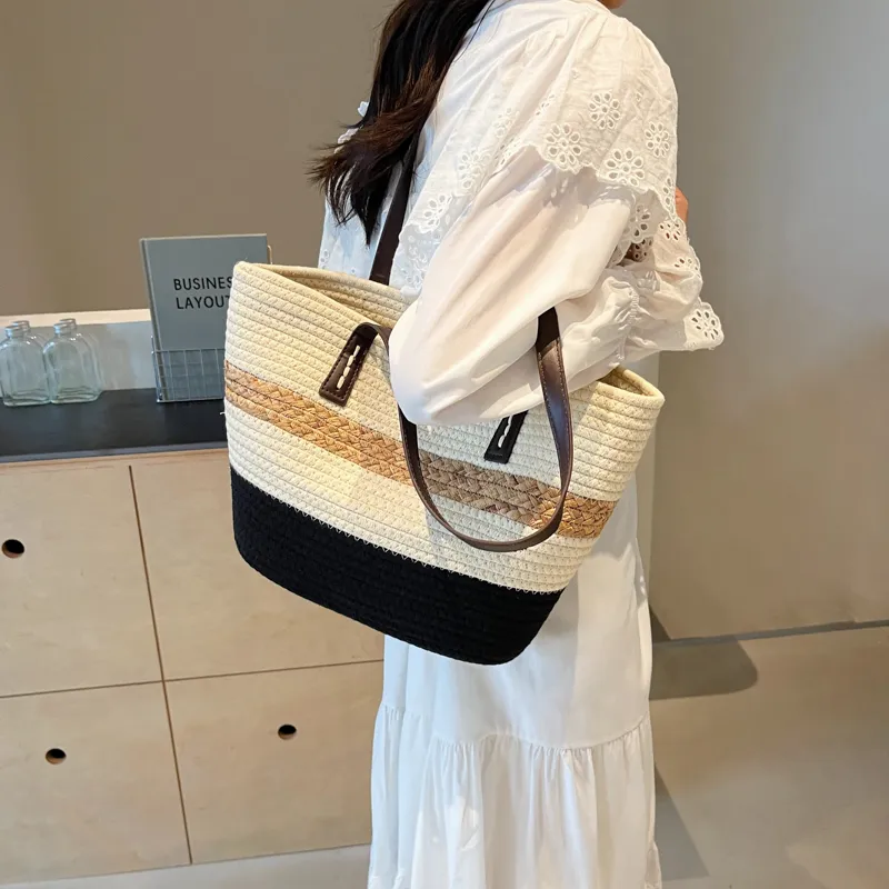 Iman's House Straw Woven Shoulder Bag Unisex Khaki/Coffee/Black-14