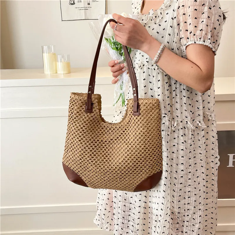 Iman's House Straw Woven Shoulder Bag Women's Ecru/Khaki-7