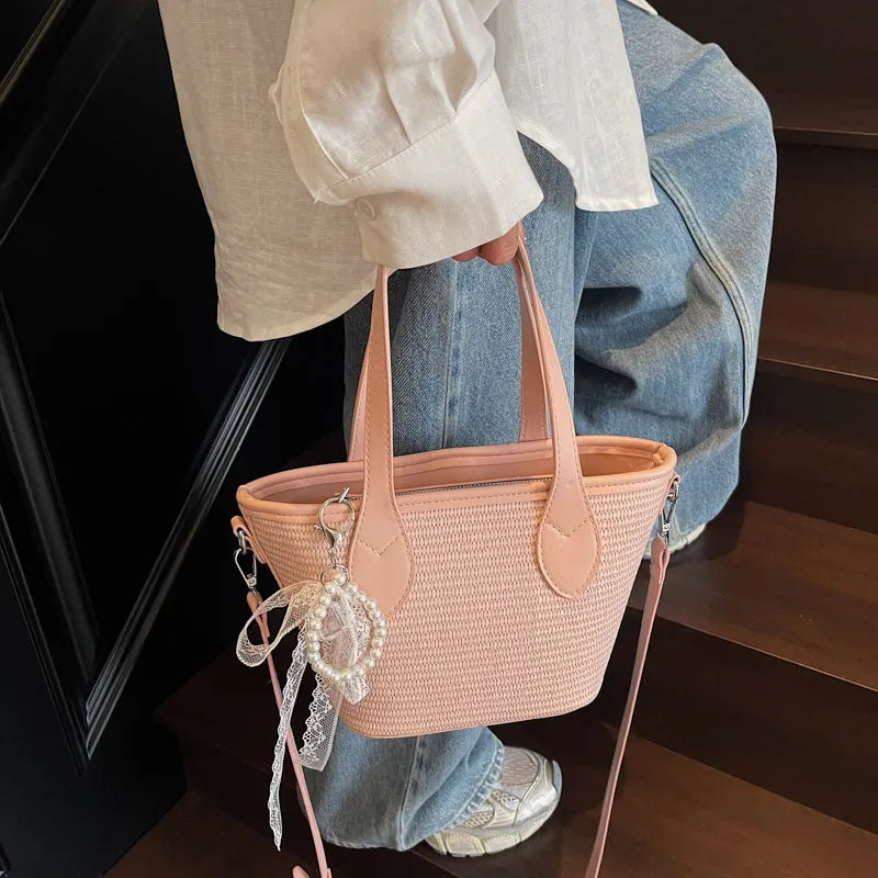 Iman's House Straw Woven Handbag Women's Khaki/Pink/Blue/Black-8
