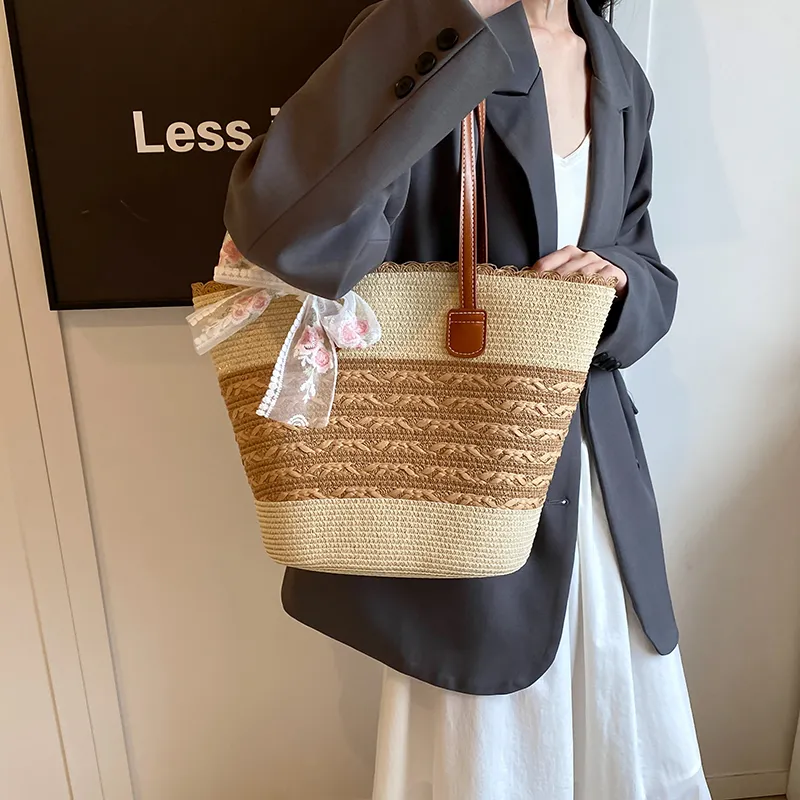 Iman's House Straw Woven Shoulder Bag Women's Wide Stripe Ecru/Lacy Khaki/Cut Out Ecru/Stripes Brown/Wide Stripe Khaki-3