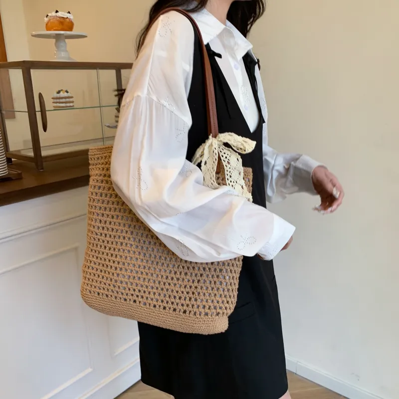 Iman's House Woven Shoulder Bag Tote Shoulder Bag Women's Ecru/Khaki-8