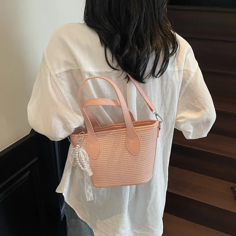 Iman's House Straw Woven Handbag Women's Khaki/Pink/Blue/Black-6
