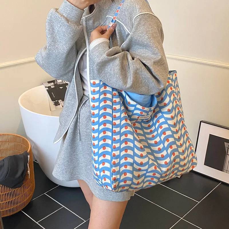 Iman's House Fabric Tote Bag, Shopping Bag, Shoulder Bag Women's Blue/Yellow/Pink-1
