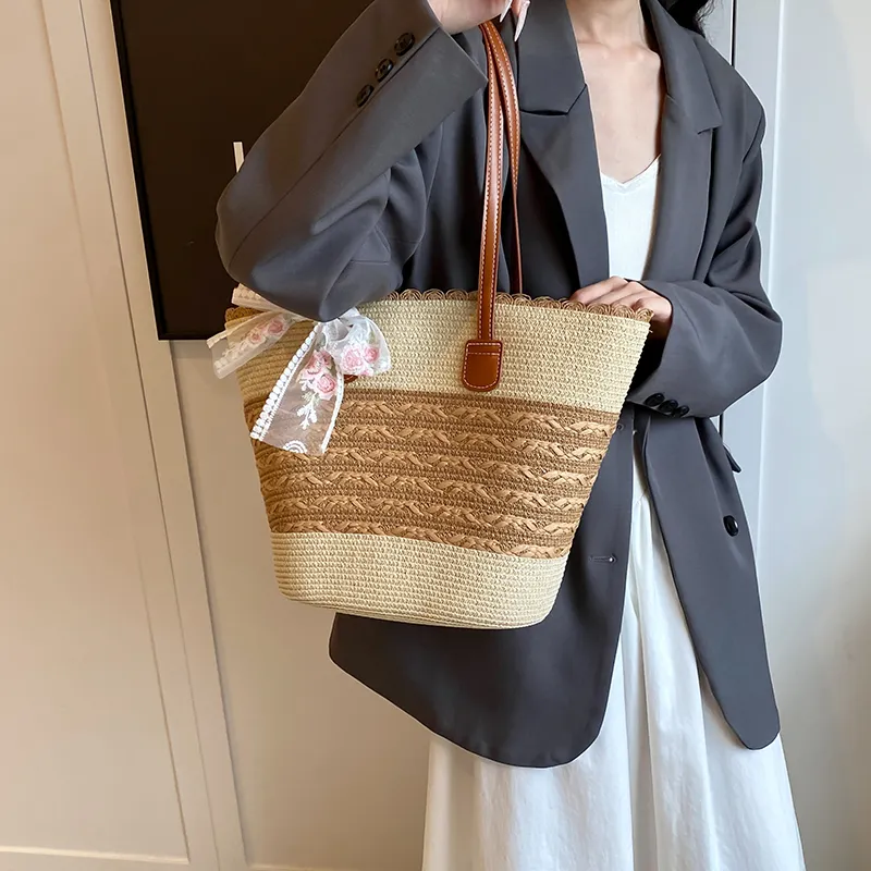 Iman's House Straw Woven Shoulder Bag Women's Wide Stripe Ecru/Lacy Khaki/Cut Out Ecru/Stripes Brown/Wide Stripe Khaki-4