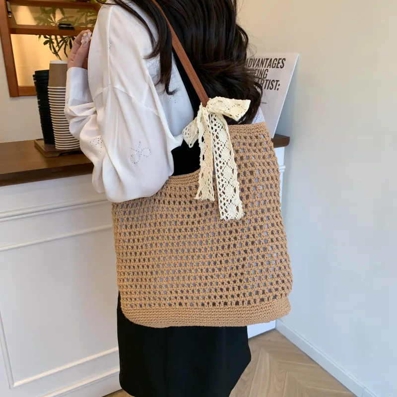 Iman's House Woven Shoulder Bag Tote Shoulder Bag Women's Ecru/Khaki-7