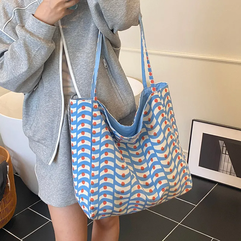 Iman's House Fabric Tote Bag, Shopping Bag, Shoulder Bag Women's Blue/Yellow/Pink-2
