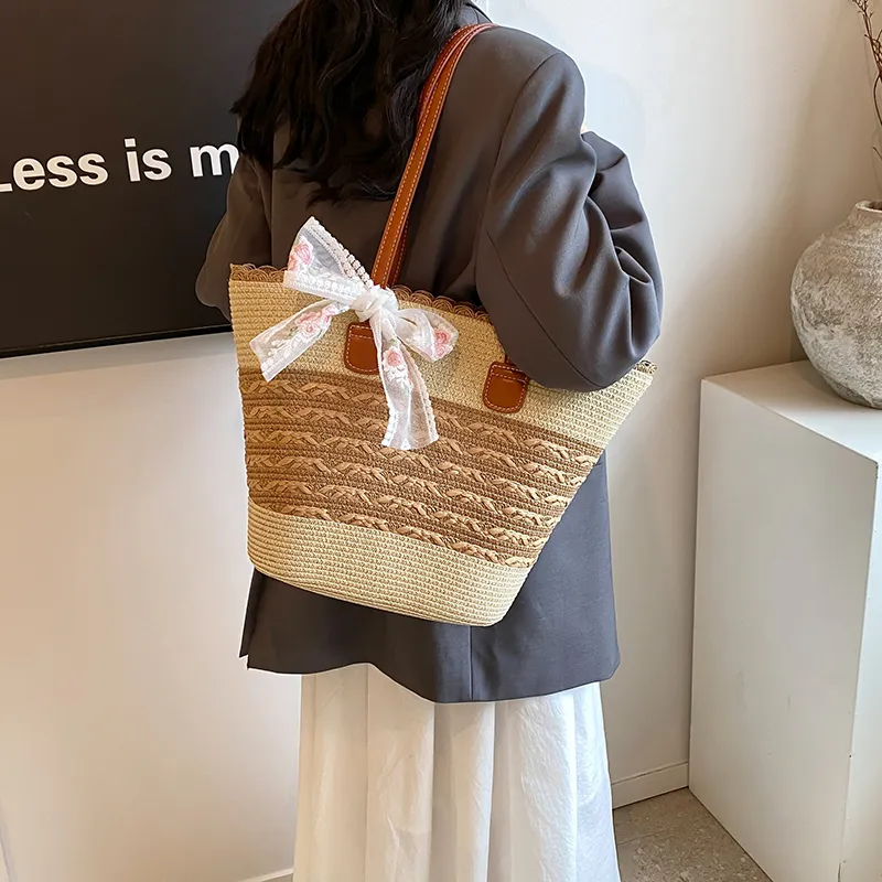 Iman's House Straw Woven Shoulder Bag Women's Wide Stripe Ecru/Lacy Khaki/Cut Out Ecru/Stripes Brown/Wide Stripe Khaki-2