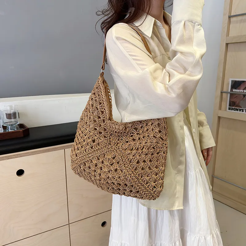 Iman's House Straw Woven Shoulder Bag Women's Ecru/Khaki-6