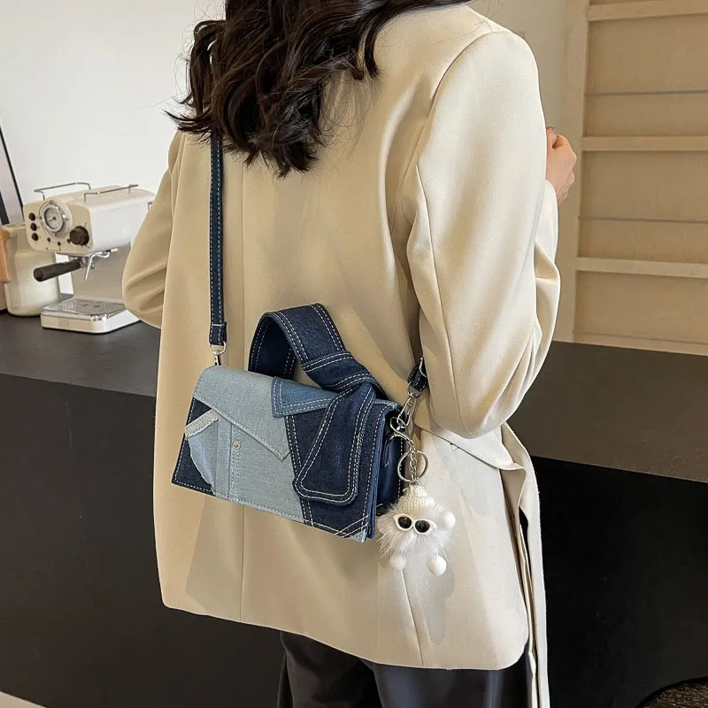 Iman's House Denim Shoulder Bag Women's Denim White/Denim Blue/Black-9