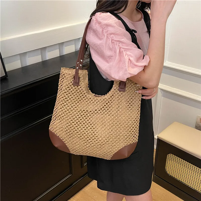 Iman's House Straw Woven Shoulder Bag Women's Ecru/Khaki-4