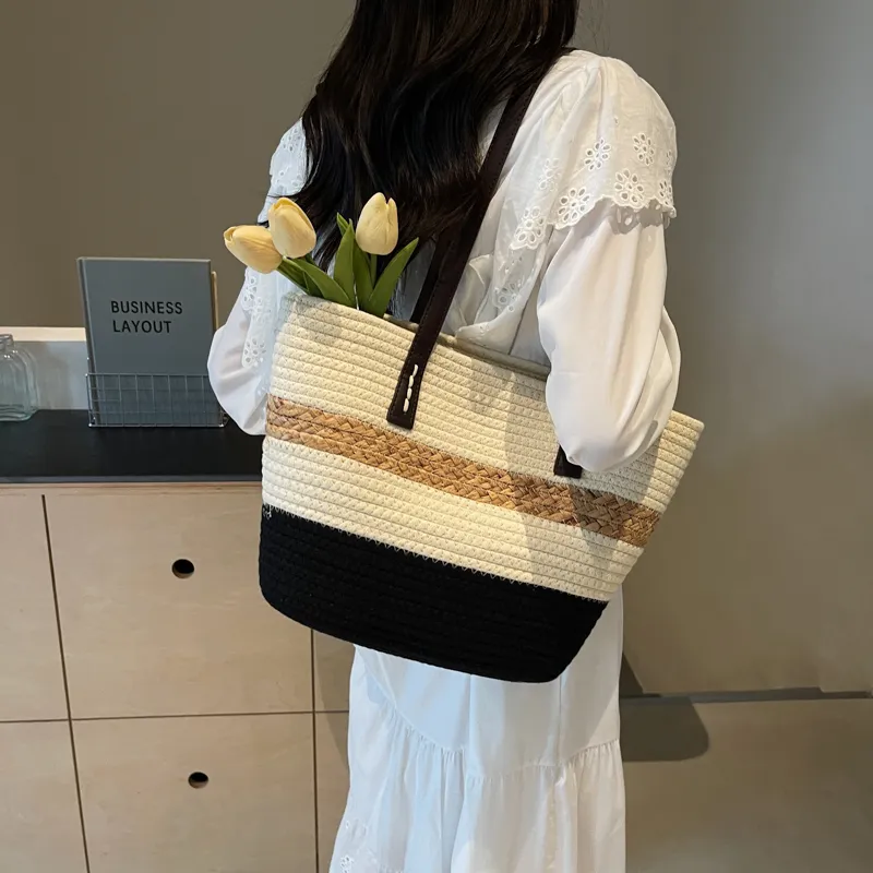 Iman's House Straw Woven Shoulder Bag Unisex Khaki/Coffee/Black-12