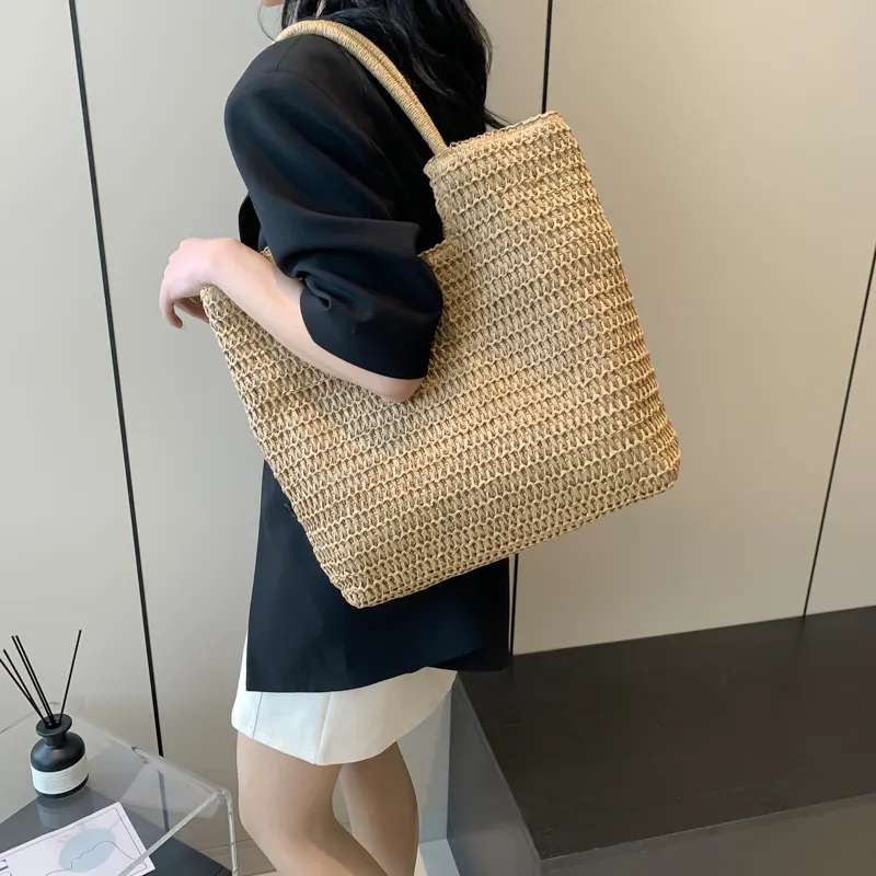 Iman's House Woven Tote Portable Commute Shoulder Bag Women's Ecru/Khaki-9