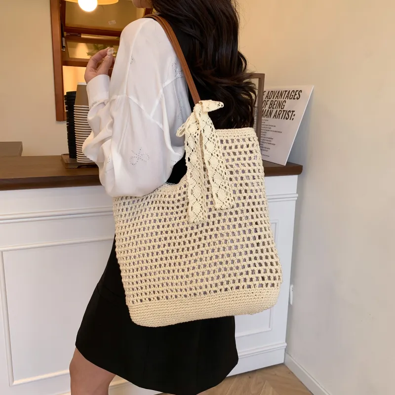 Iman's House Woven Shoulder Bag Tote Shoulder Bag Women's Ecru/Khaki-2