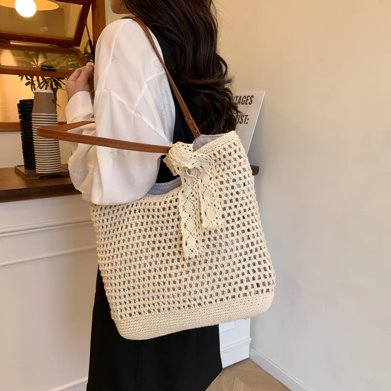Iman's House Woven Shoulder Bag Tote Shoulder Bag Women's Ecru/Khaki-3