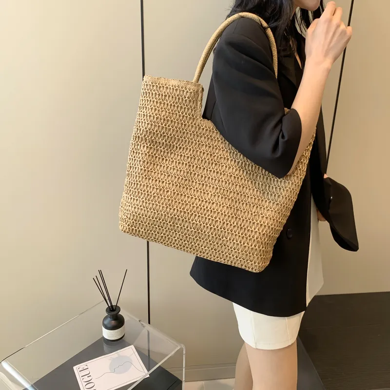Iman's House Woven Tote Portable Commute Shoulder Bag Women's Ecru/Khaki-6
