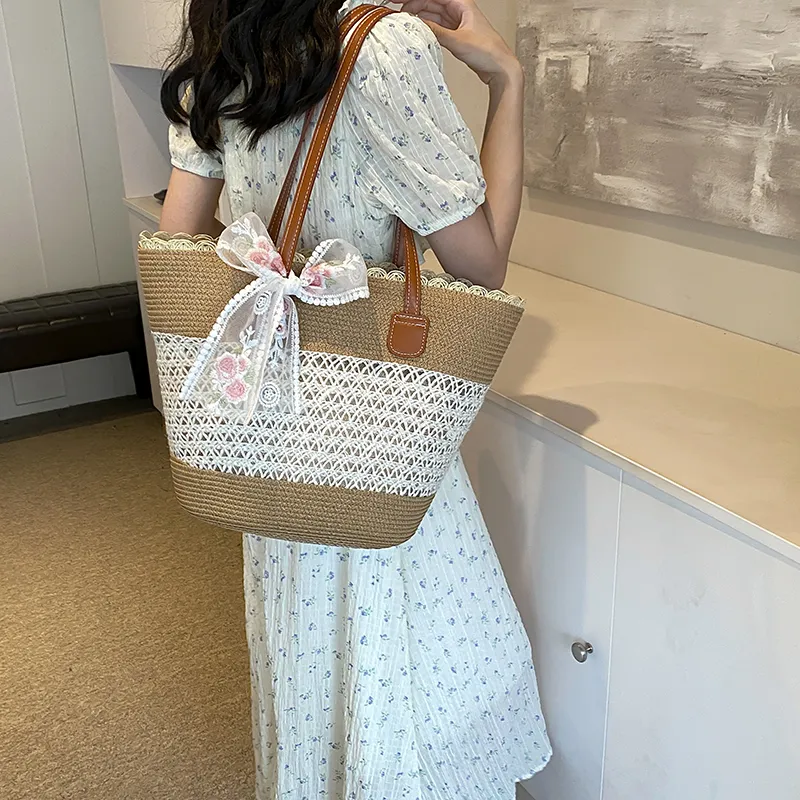Iman's House Straw Woven Shoulder Bag Women's Wide Stripe Ecru/Lacy Khaki/Cut Out Ecru/Stripes Brown/Wide Stripe Khaki-6