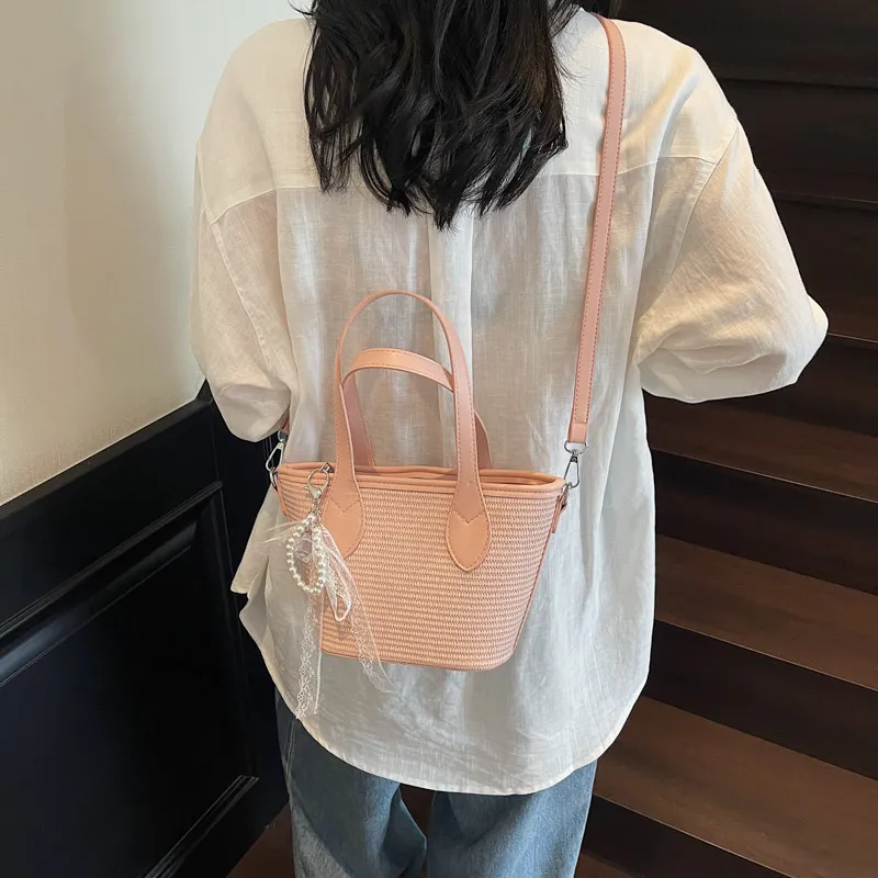 Iman's House Straw Woven Handbag Women's Khaki/Pink/Blue/Black-7