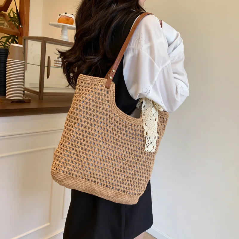 Iman's House Woven Shoulder Bag Tote Shoulder Bag Women's Ecru/Khaki-9