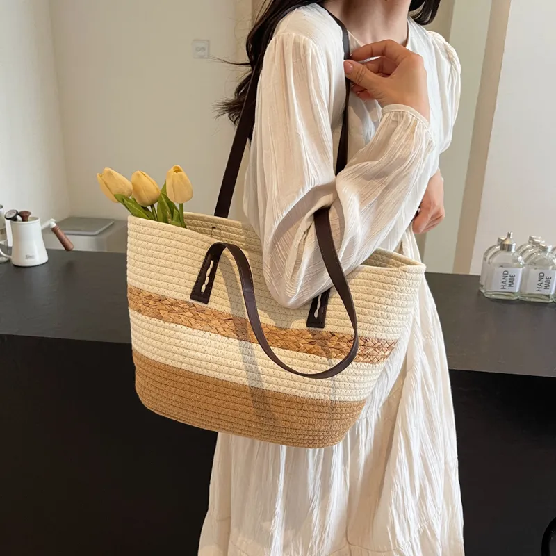 Iman's House Straw Woven Shoulder Bag Unisex Khaki/Coffee/Black-4