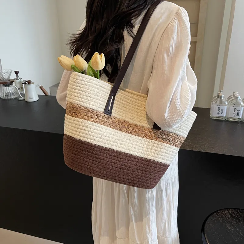 Iman's House Straw Woven Shoulder Bag Unisex Khaki/Coffee/Black-6