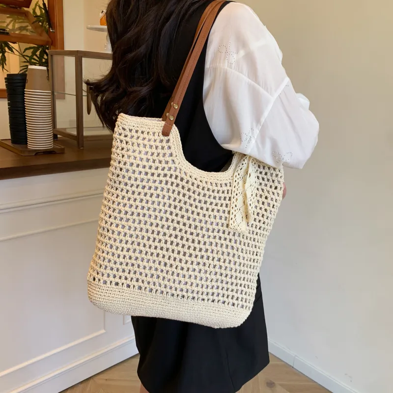 Iman's House Woven Shoulder Bag Tote Shoulder Bag Women's Ecru/Khaki-4