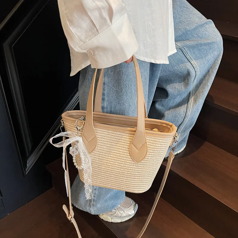 Iman's House Straw Woven Handbag Women's Khaki/Pink/Blue/Black-3