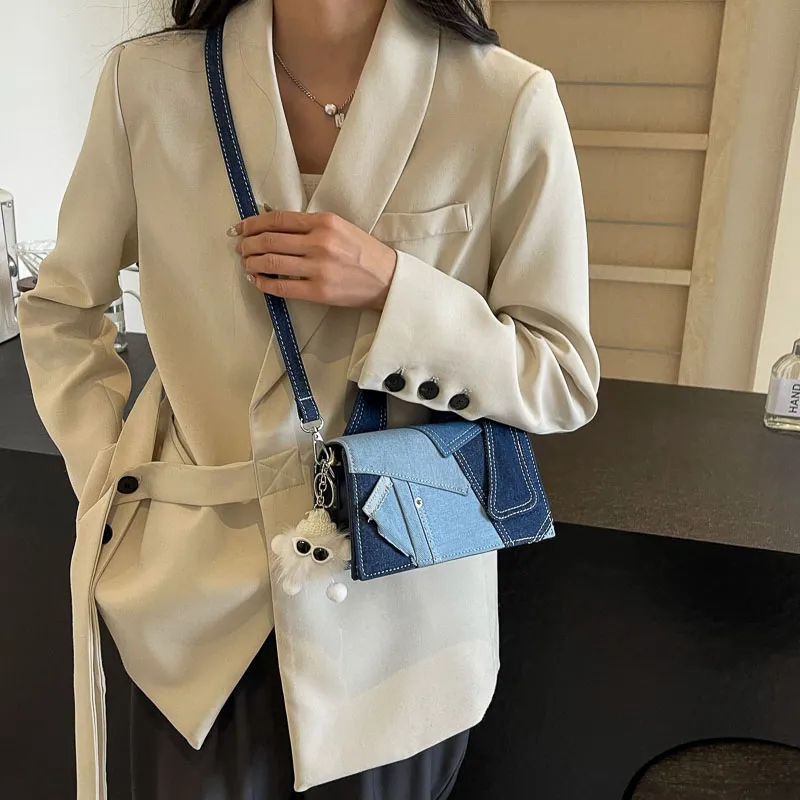 Iman's House Denim Shoulder Bag Women's Denim White/Denim Blue/Black-8