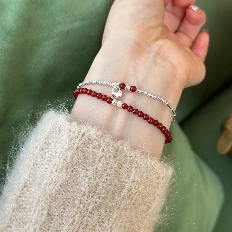 COISE Agate Jade S925 Silver Elastic String Beaded Bracelet Women's-2