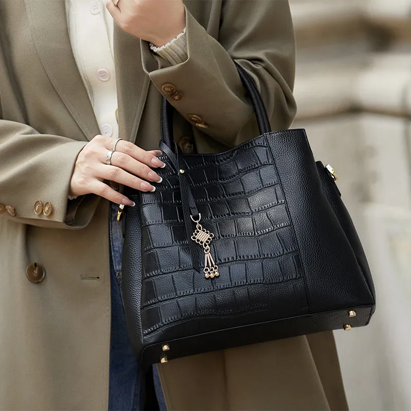 ZOOLER Cow Leather Mother Bag Mid Age Handbag Medium Size Women's Black/Blue/Dusty Blue-2