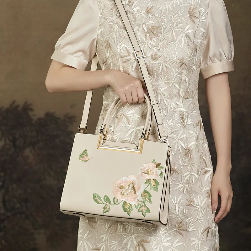 ZOOLER Cow Leather Shoulder Bag, Crossbody Bag Medium Size Women's Elegant White/Cream White/Forbidden City Red-3