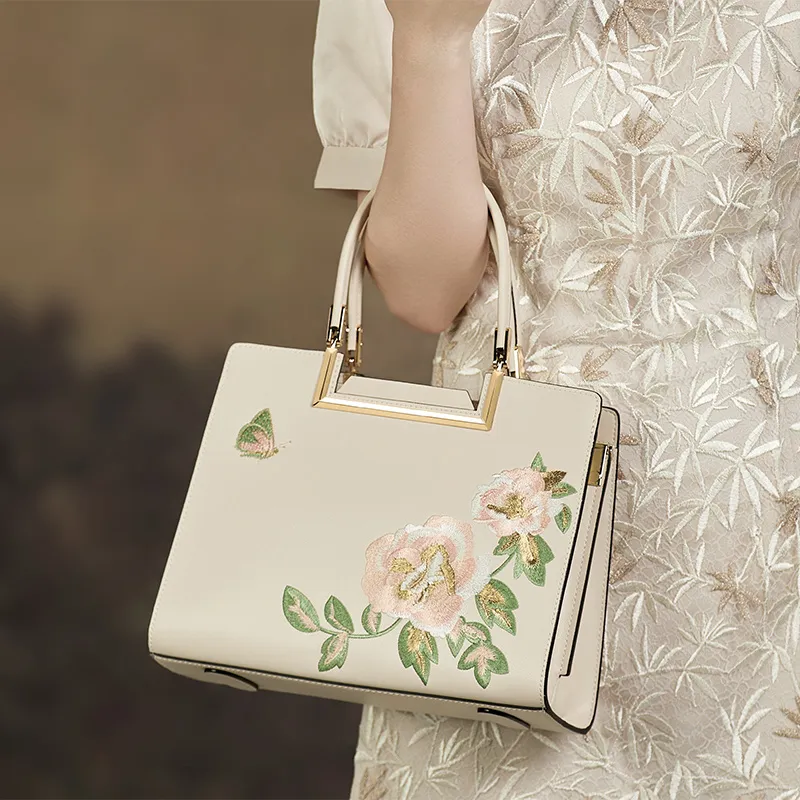 ZOOLER Cow Leather Shoulder Bag, Crossbody Bag Medium Size Women's Elegant White/Cream White/Forbidden City Red-2