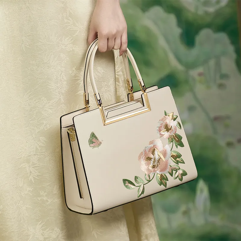 ZOOLER Cow Leather Shoulder Bag, Crossbody Bag Medium Size Women's Elegant White/Cream White/Forbidden City Red-6
