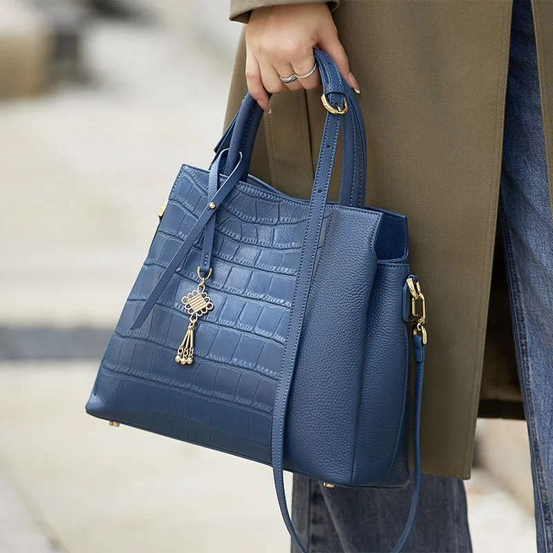 ZOOLER Cow Leather Mother Bag Mid Age Handbag Medium Size Women's Black/Blue/Dusty Blue-12