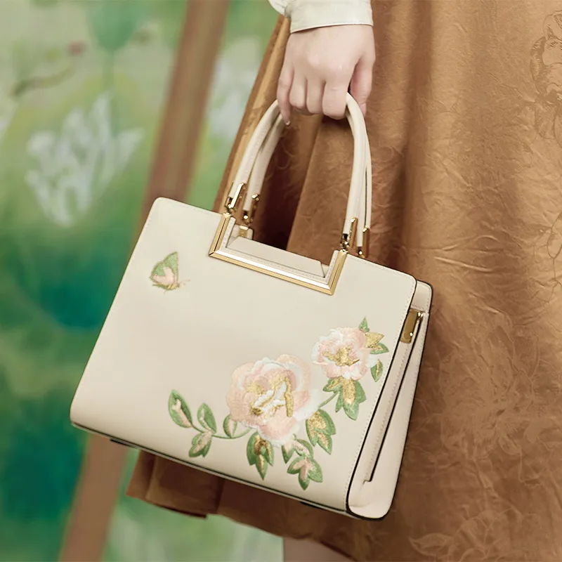 ZOOLER Cow Leather Shoulder Bag, Crossbody Bag Medium Size Women's Elegant White/Cream White/Forbidden City Red-5