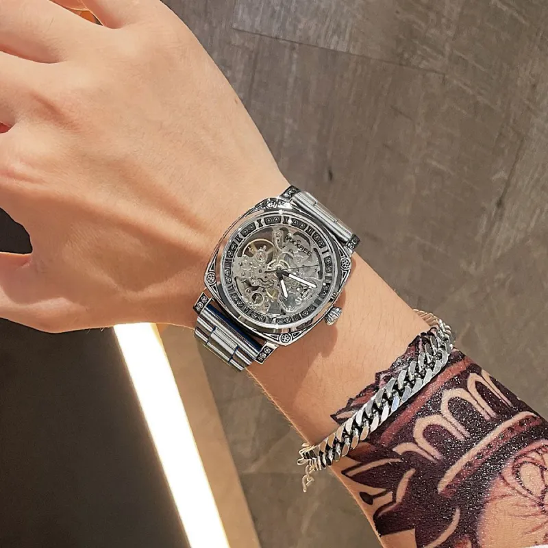 MXXSEE Automatic Mechanical Movement Steel Strap Watch Unisex Cut Out Dial-15