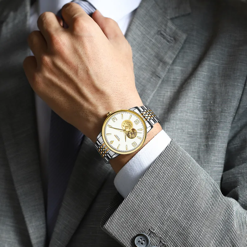 MXXSEE Greeting Card Writing A Box For You Mechanical Movement Steel Strap Watch Men's Watches White Dial-5