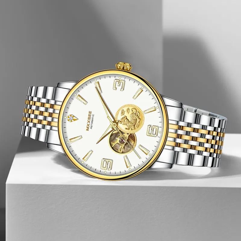 MXXSEE Greeting Card Writing A Box For You Mechanical Movement Steel Strap Watch Men's Watches White Dial-2