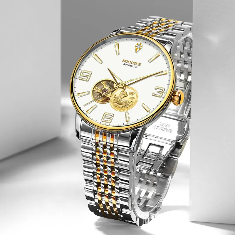 MXXSEE Greeting Card Writing A Box For You Mechanical Movement Steel Strap Watch Men's Watches White Dial-4