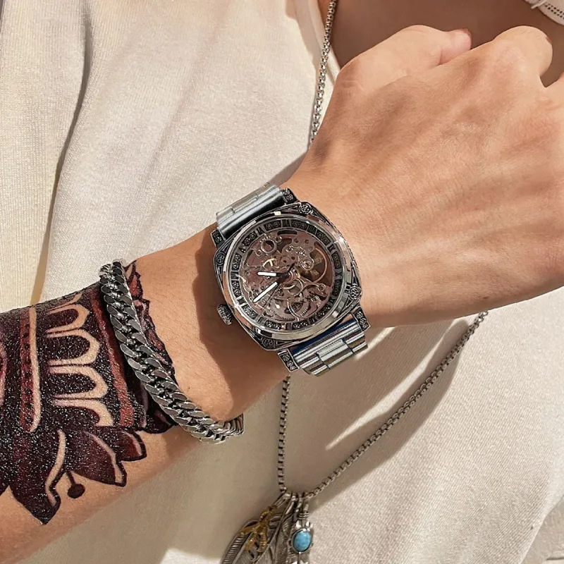 MXXSEE Automatic Mechanical Movement Steel Strap Watch Unisex Cut Out Dial-17